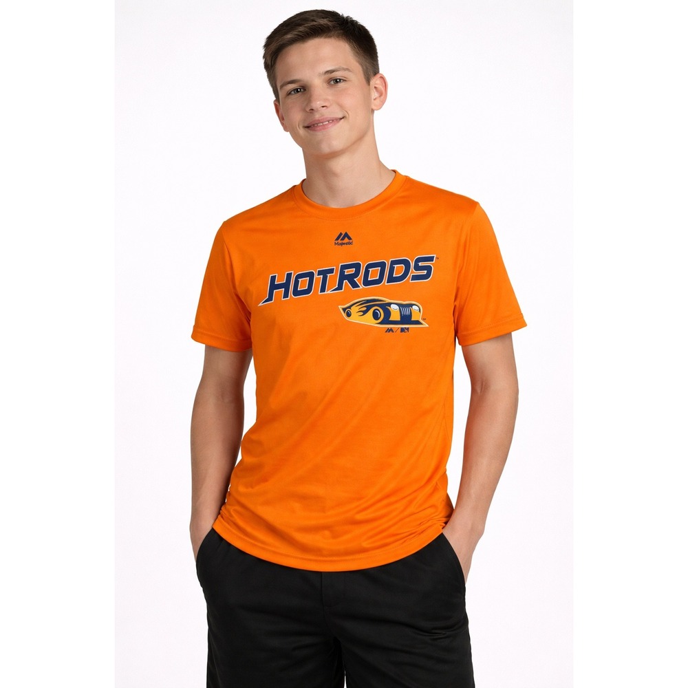 Majestic Performance Tee Kids Youth Medium Orange Excellent Sporty MiLB Hot Rods